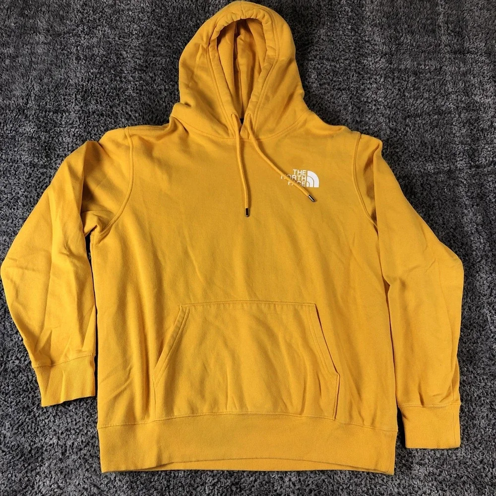 The North Face Hoodie Mens Large Yellow Graphic Fleece Pullover Back Logo